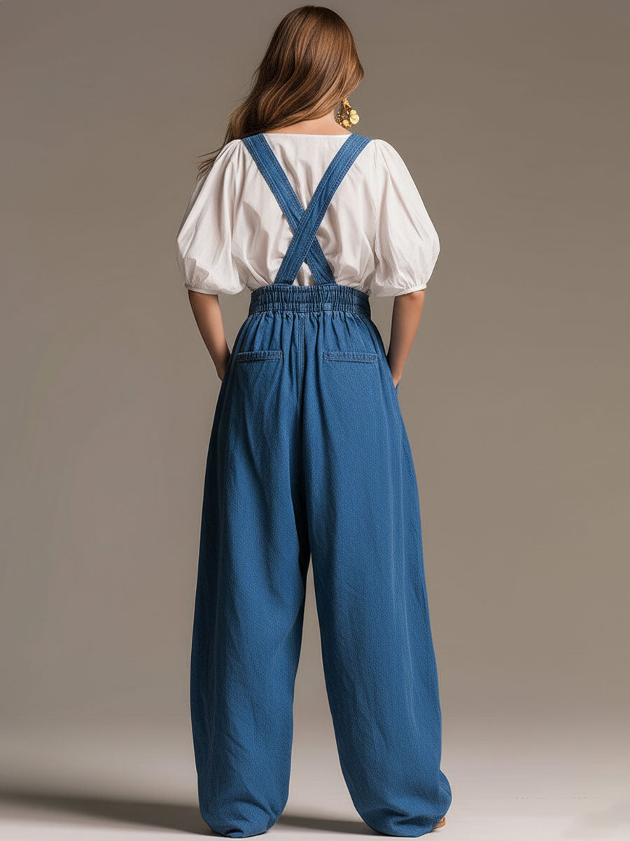 Casual Retro Blue Denim Wide-leg Overalls