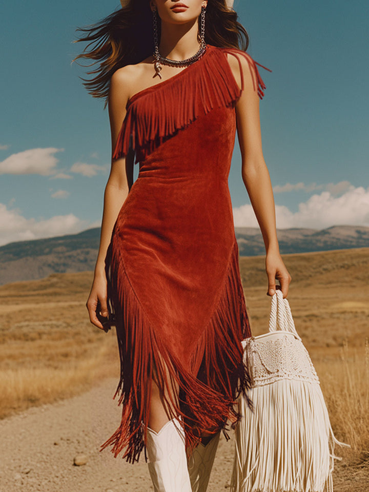 Western Retro Red Faux Suede Tassel Off-Shoulder Midi Dress