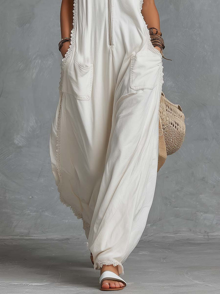 Vintage Casual Western Hooded V-neck Front Zip Lace Trim White Cotton Jumpsuit