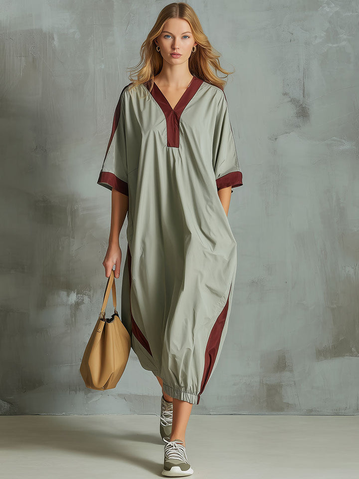 Casual Sporty Style Red Trim Gray-green V-neck Midi Dress