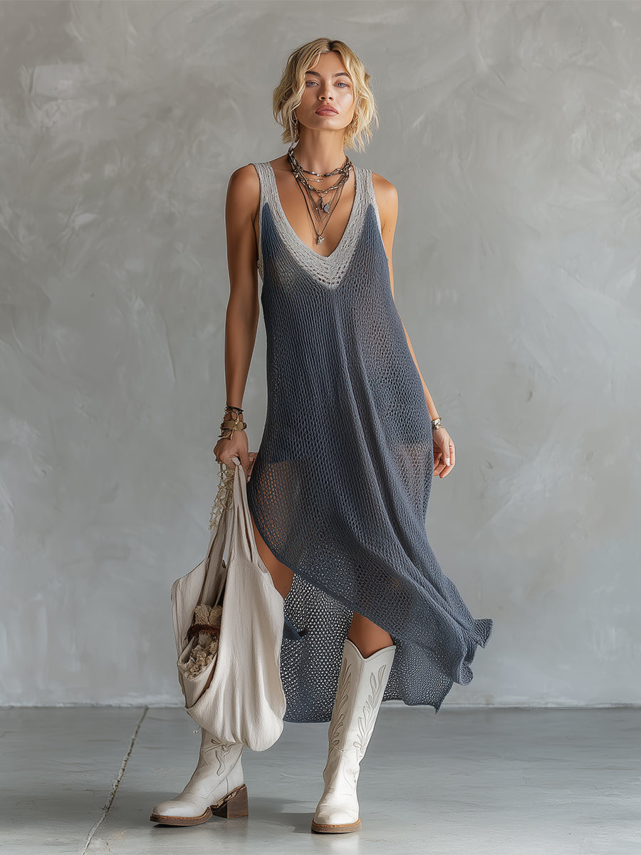 Stylish And Elegant Gray Mesh Knit Sleeveless Maxi Dress