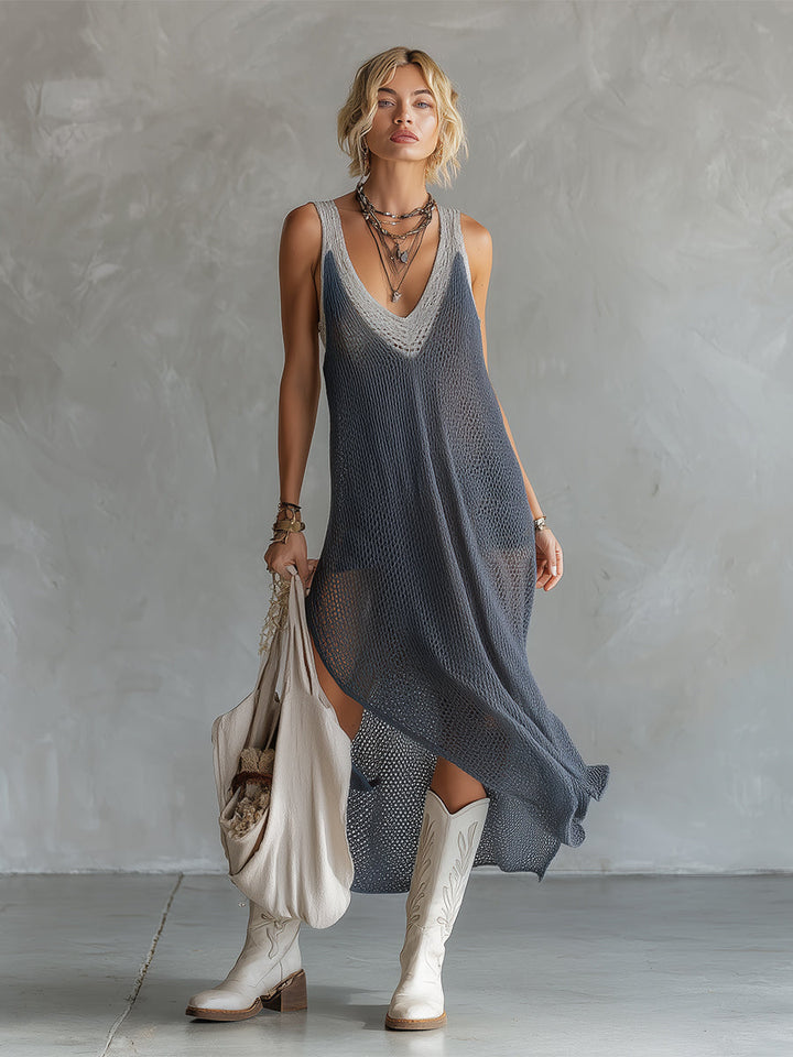 Stylish And Elegant Gray Mesh Knit Sleeveless Maxi Dress