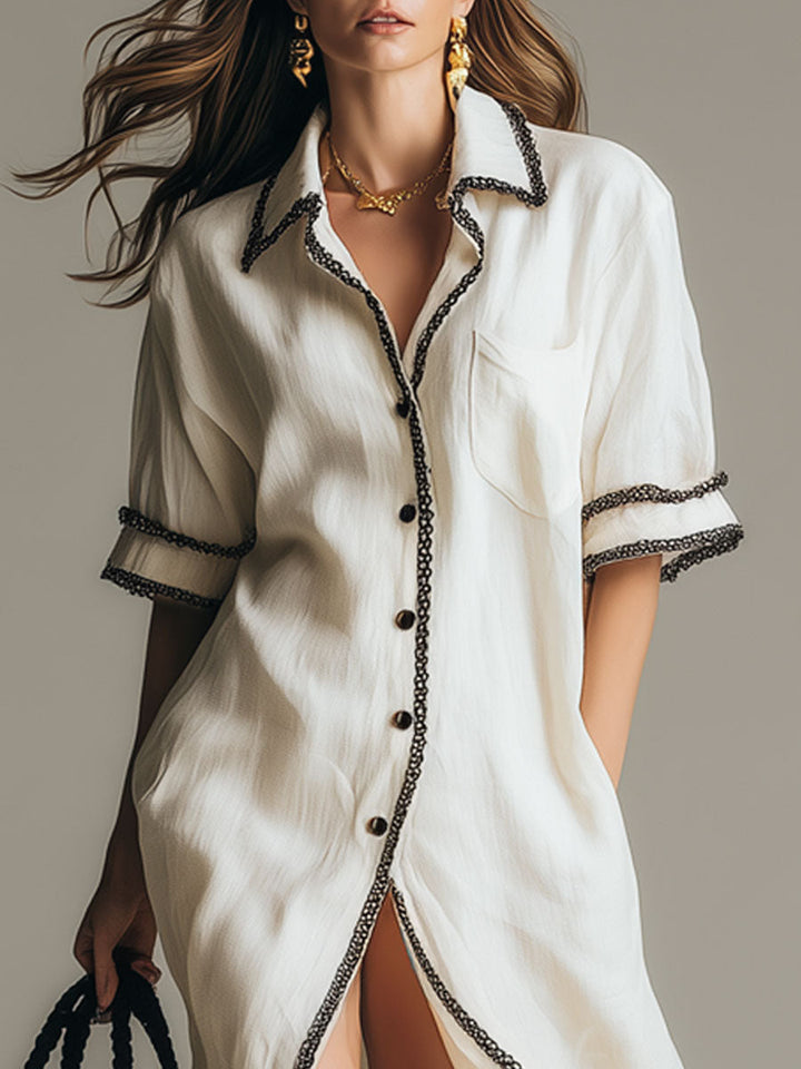Casual Retro Lace-trimmed White Cotton And Linen Short-sleeved Shirt Dress