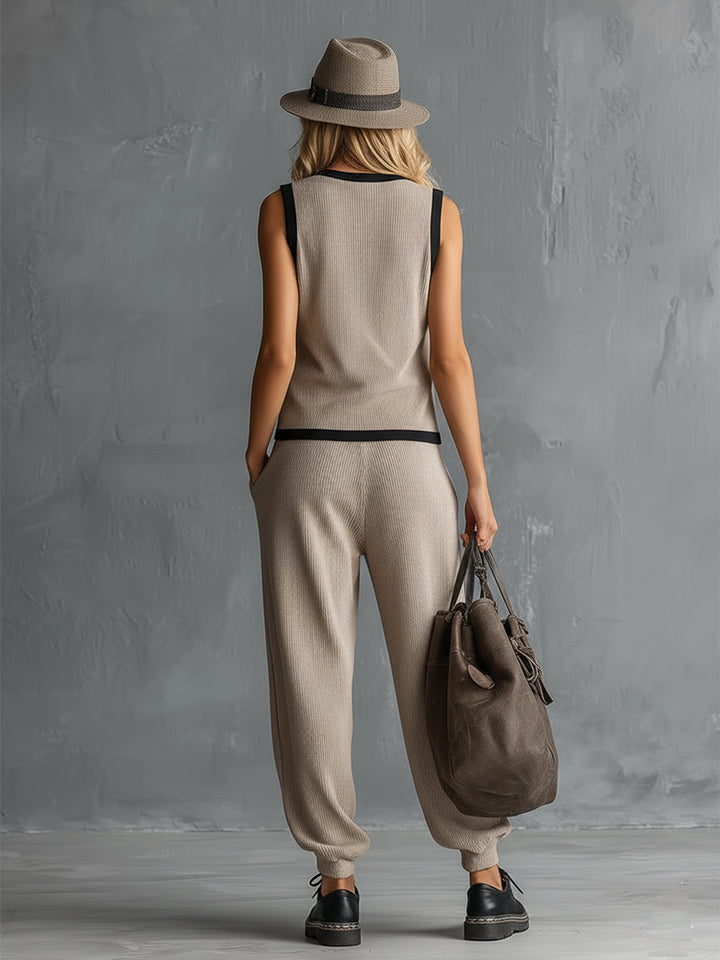 Retro-style Sporty Khaki Lightweight Knit Vest And Pants Set