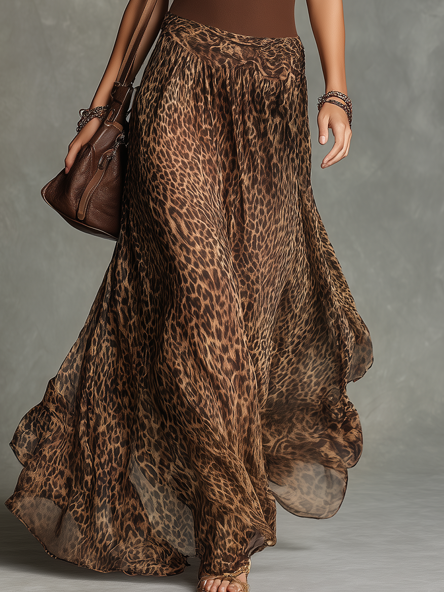 Casual And Stylish V-neck Sleeveless Leopard Print Chiffon Maxi Dress