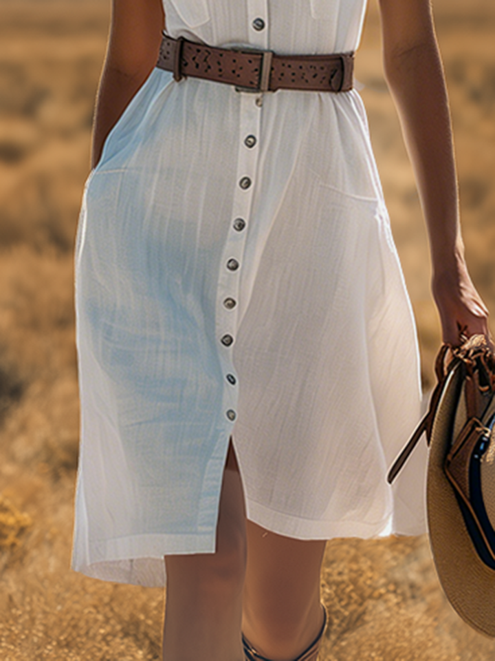 Comfortable And Casual Sleeveless Collared Embroidered Button-down Midi Dress