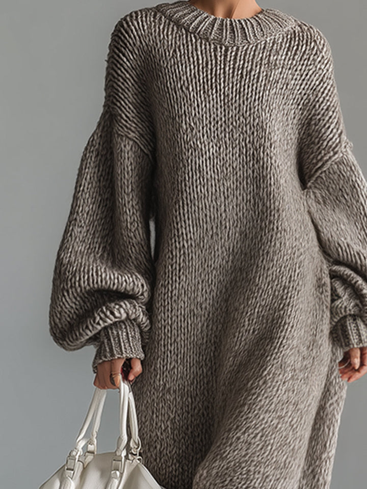 Elegant Urban Silhouette Round Neck Heathered Khaki Knitted Maxi Dress