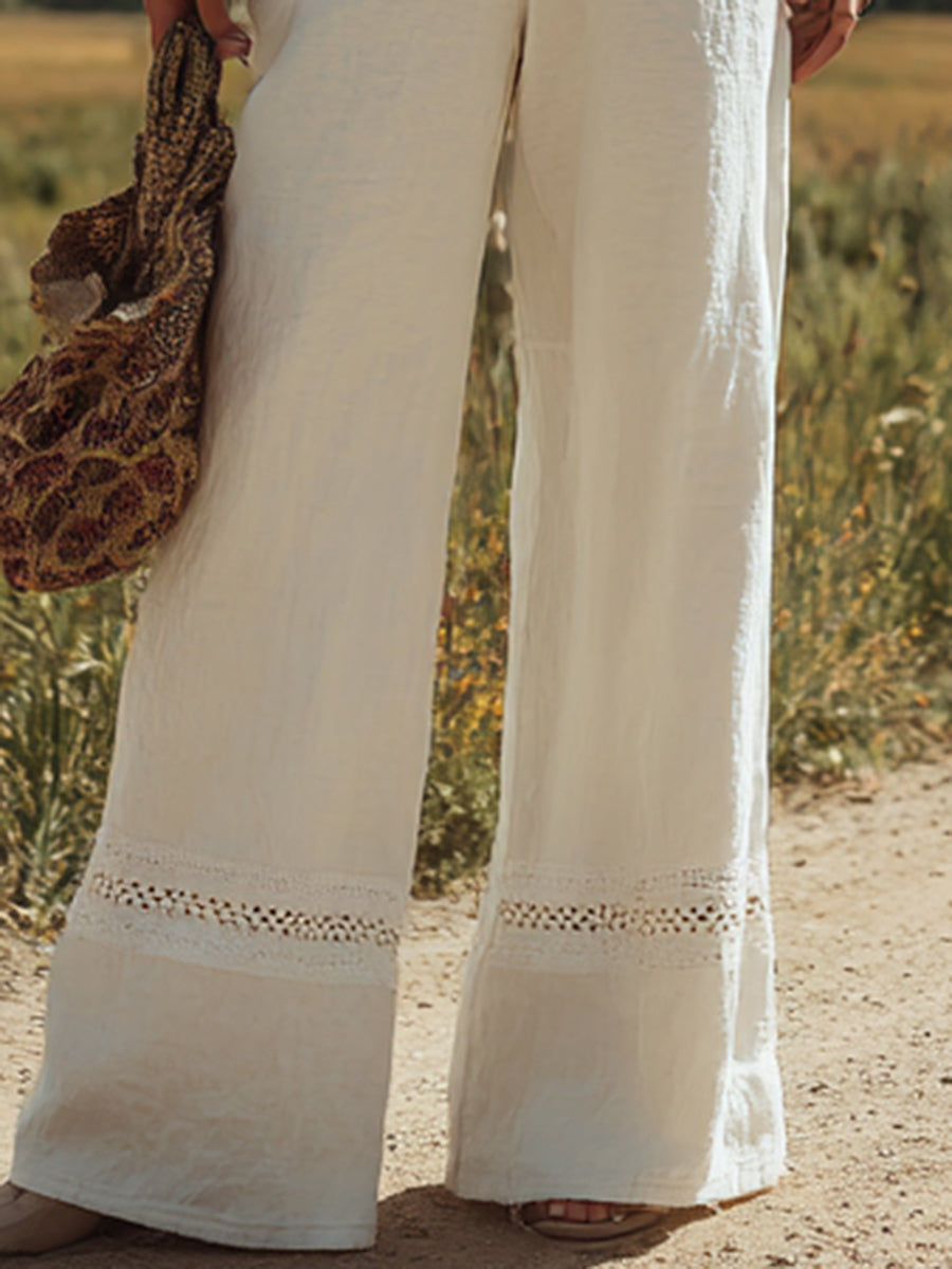 【24-hour shipping out】Women's White Linen Sleeveless Suspender Button Jumpsuit With Lace Design