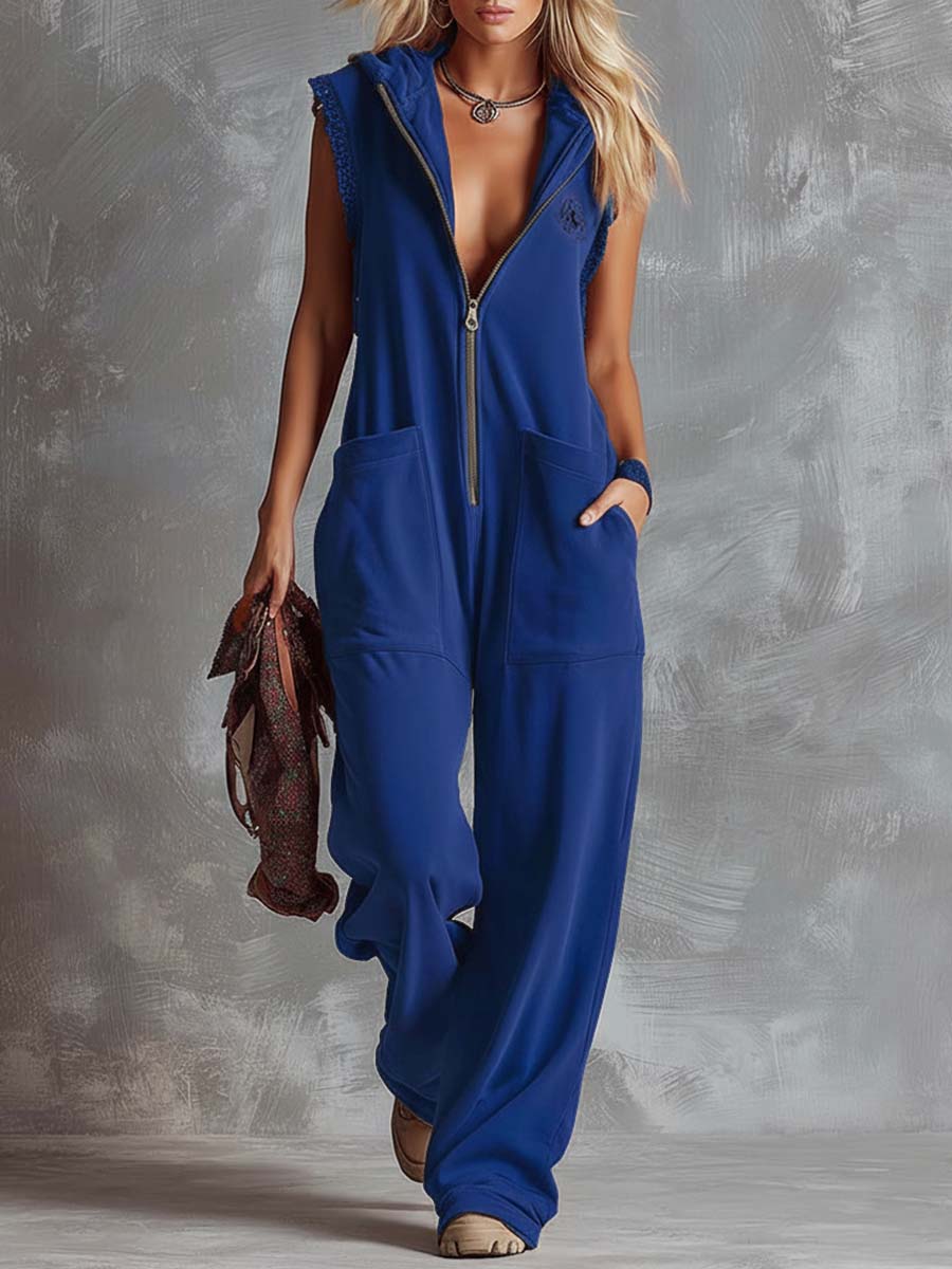 Retro Fashiona Sporty Hooded V-neck Front Zipper Cotton Jumpsuit