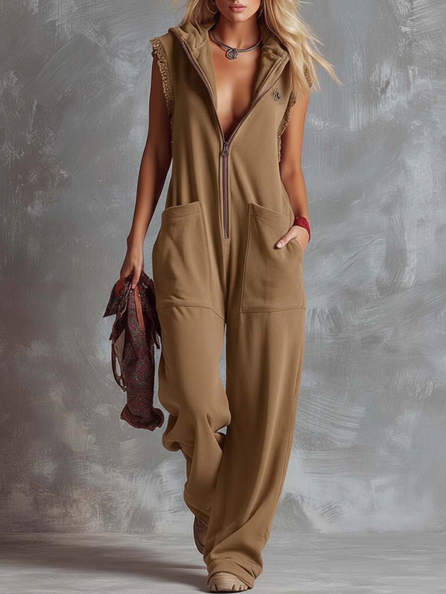 Retro Fashiona Sporty Hooded V-neck Front Zipper Cotton Jumpsuit