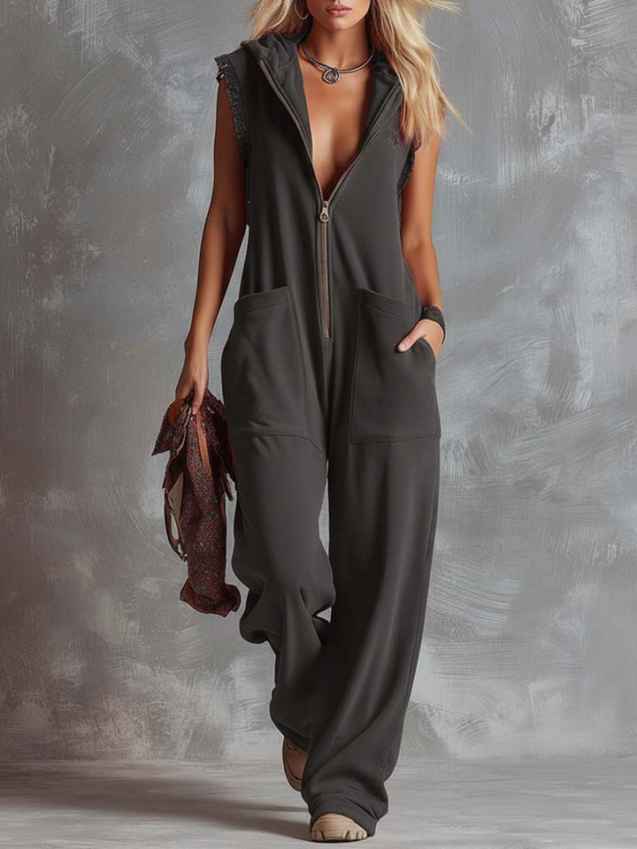 Retro Fashiona Sporty Hooded V-neck Front Zipper Cotton Jumpsuit