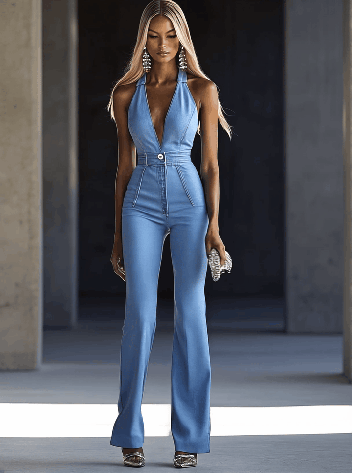 【24-hour shipping out】Simple and Fashionable V-neck Sleeveless Tight Light Blue Denim Jumpsuit