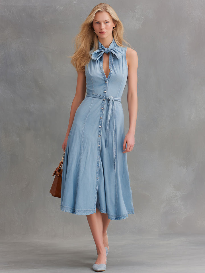 Fashionable Retro Blue Sleeveless Tie-button Washed Denim Midi Dress