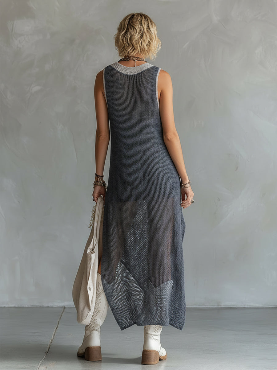 Stylish And Elegant Gray Mesh Knit Sleeveless Maxi Dress
