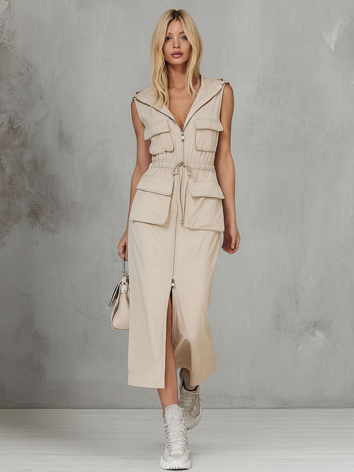 Stylish And Casual Beige Hooded Sleeveless Zip-up Midi Dress