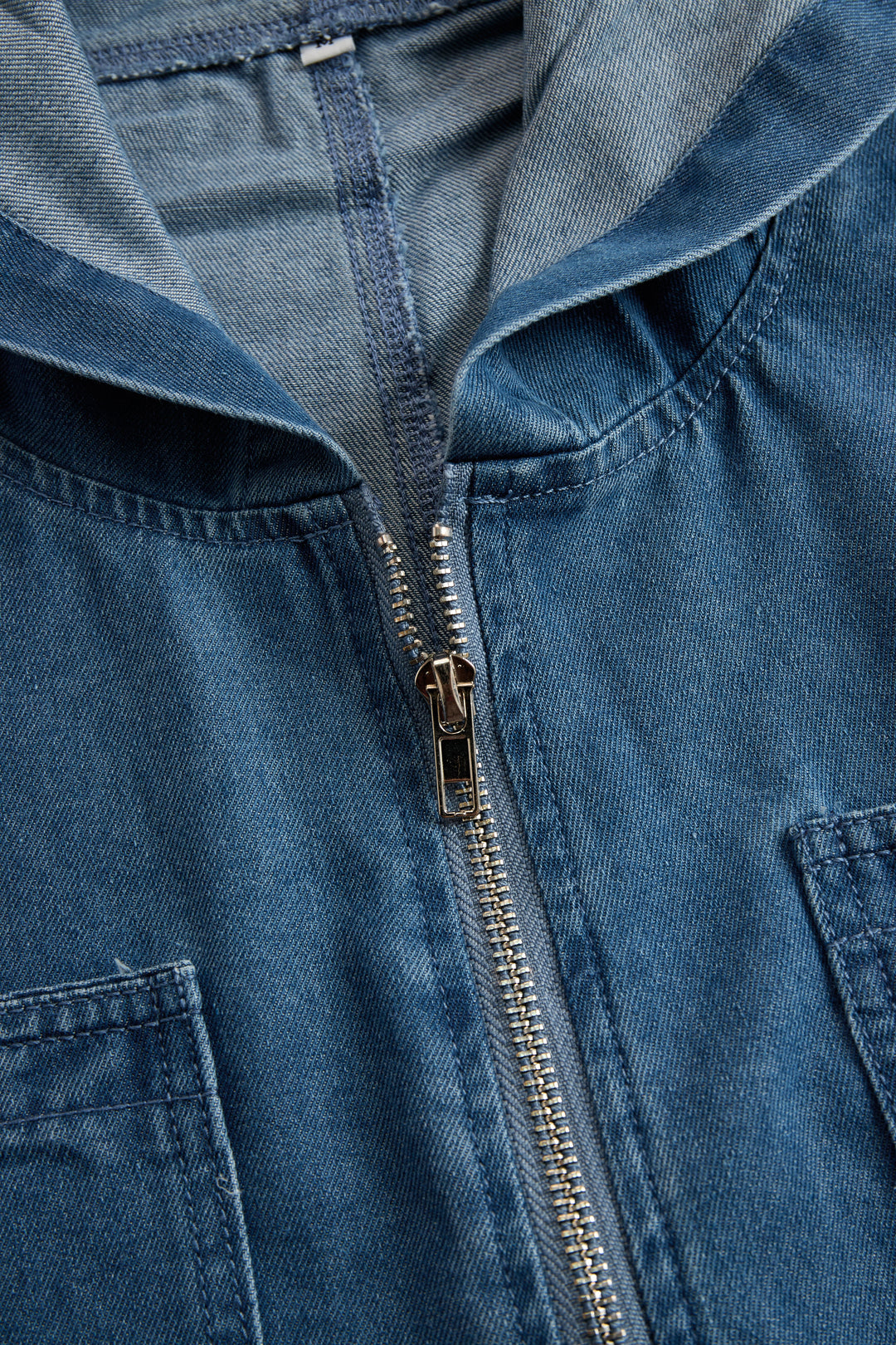 Casual Loose Retro Pocket Long Sleeve Hooded Zipper Denim Jumpsuit