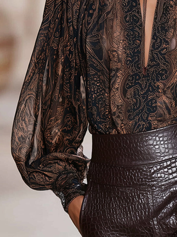 Premium Printed V-Neck Mocha Brown Printed Long Sleeve Shirt