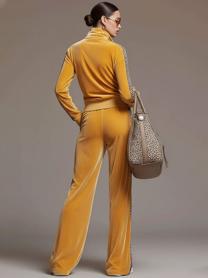 Casual Sporty Retro Leopard Print Trim Yellow Velvet Sweatshirt Wide-Leg Pants Set