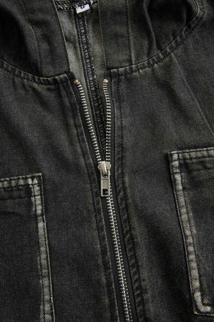 Casual Loose Retro Pocket Long Sleeve Hooded Zipper Denim Jumpsuit