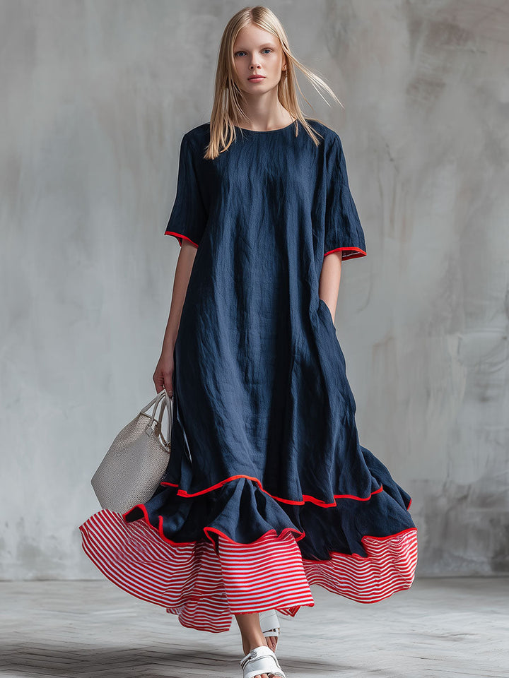 Casual Red And White Striped Patchwork Blue Cotton And Linen Maxi Dress