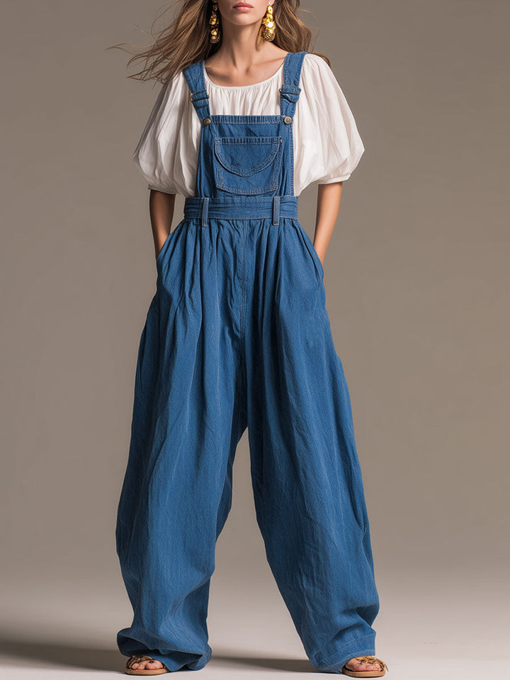 Casual Retro Blue Denim Wide-leg Overalls