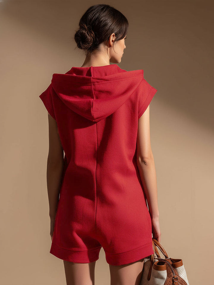 Hooded Zippered Color-blocked Double-pocket Sleeveless Short Jumpsuit