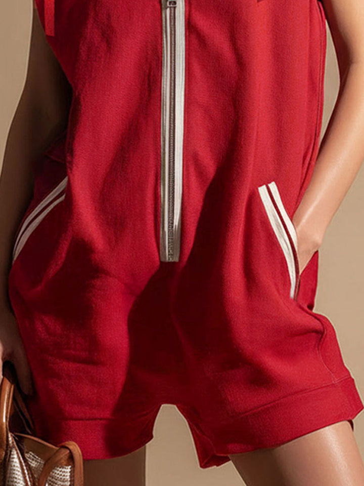 Hooded Zippered Color-blocked Double-pocket Sleeveless Short Jumpsuit