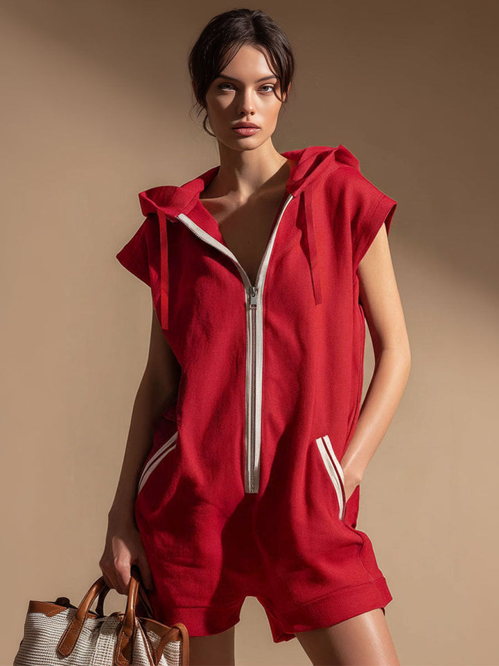 Hooded Zippered Color-blocked Double-pocket Sleeveless Short Jumpsuit