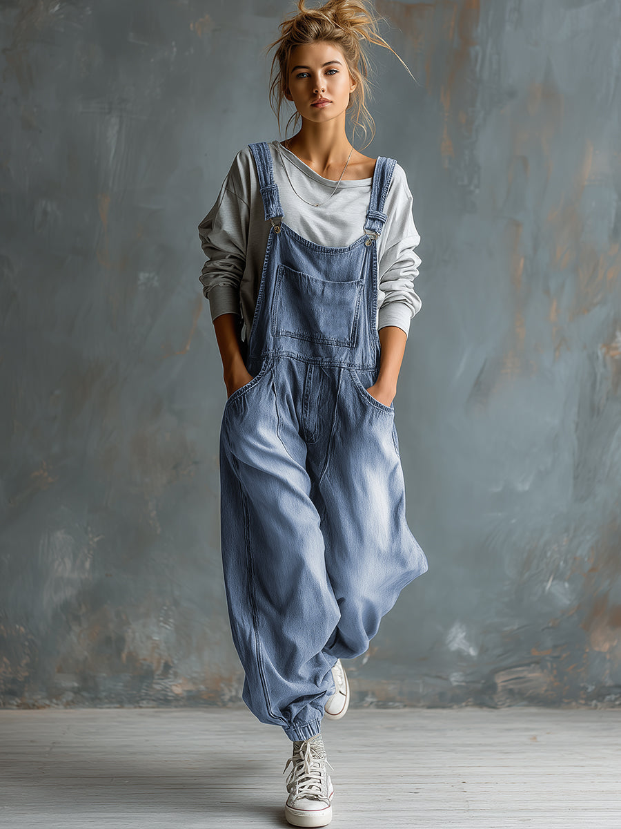 Casual Retro Washed Denim Blue Pocket Overalls
