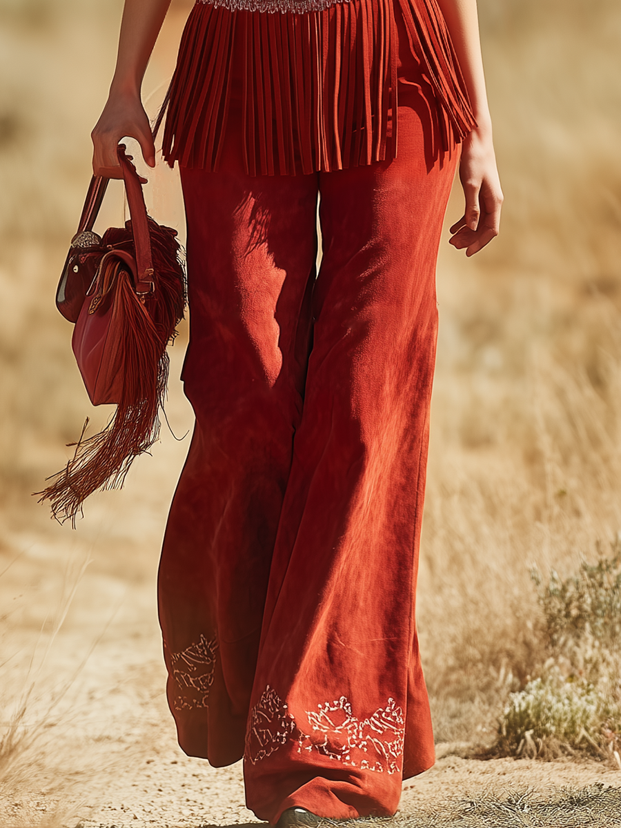 Modern And Stylish Sleeveless V-neck Fringed Top And Flared Embroidered Trousers Set