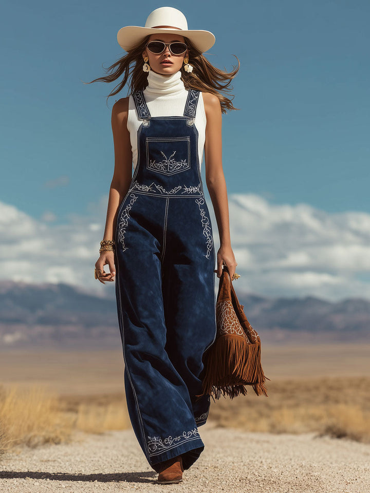 Western Retro Navy Blue Faux Suede Embroidered Overalls