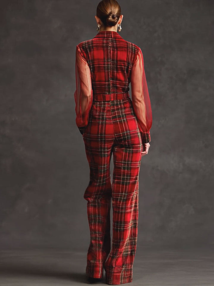 Retro Long-sleeved Mesh Red And Green Plaid Velvet Wide-leg Jumpsuit