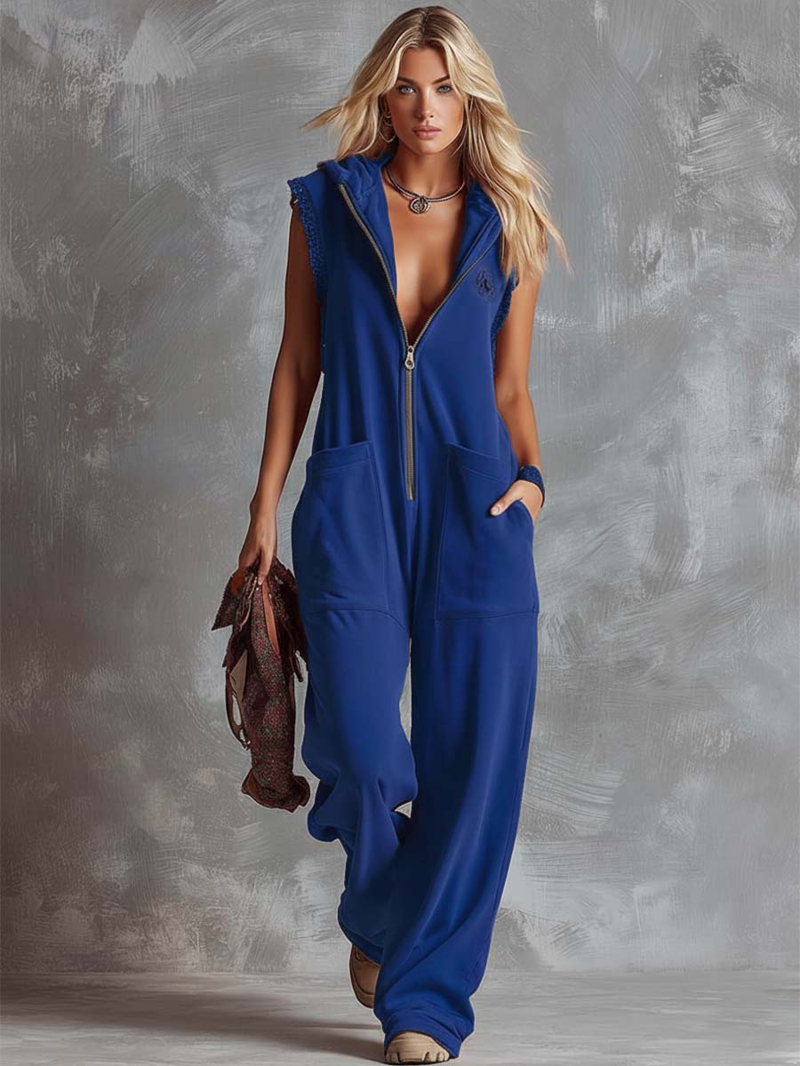 Retro Fashiona Sporty Hooded V-neck Front Zipper Cotton Jumpsuit