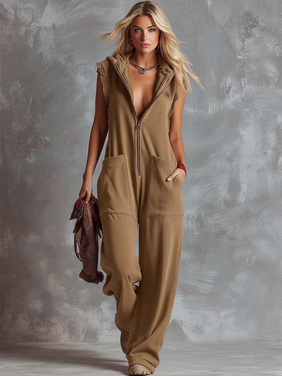 Retro Fashiona Sporty Hooded V-neck Front Zipper Cotton Jumpsuit