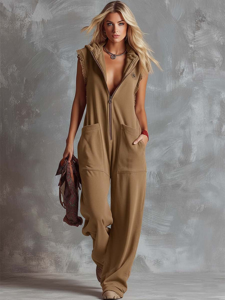 Retro Fashiona Sporty Hooded V-neck Front Zipper Cotton Jumpsuit