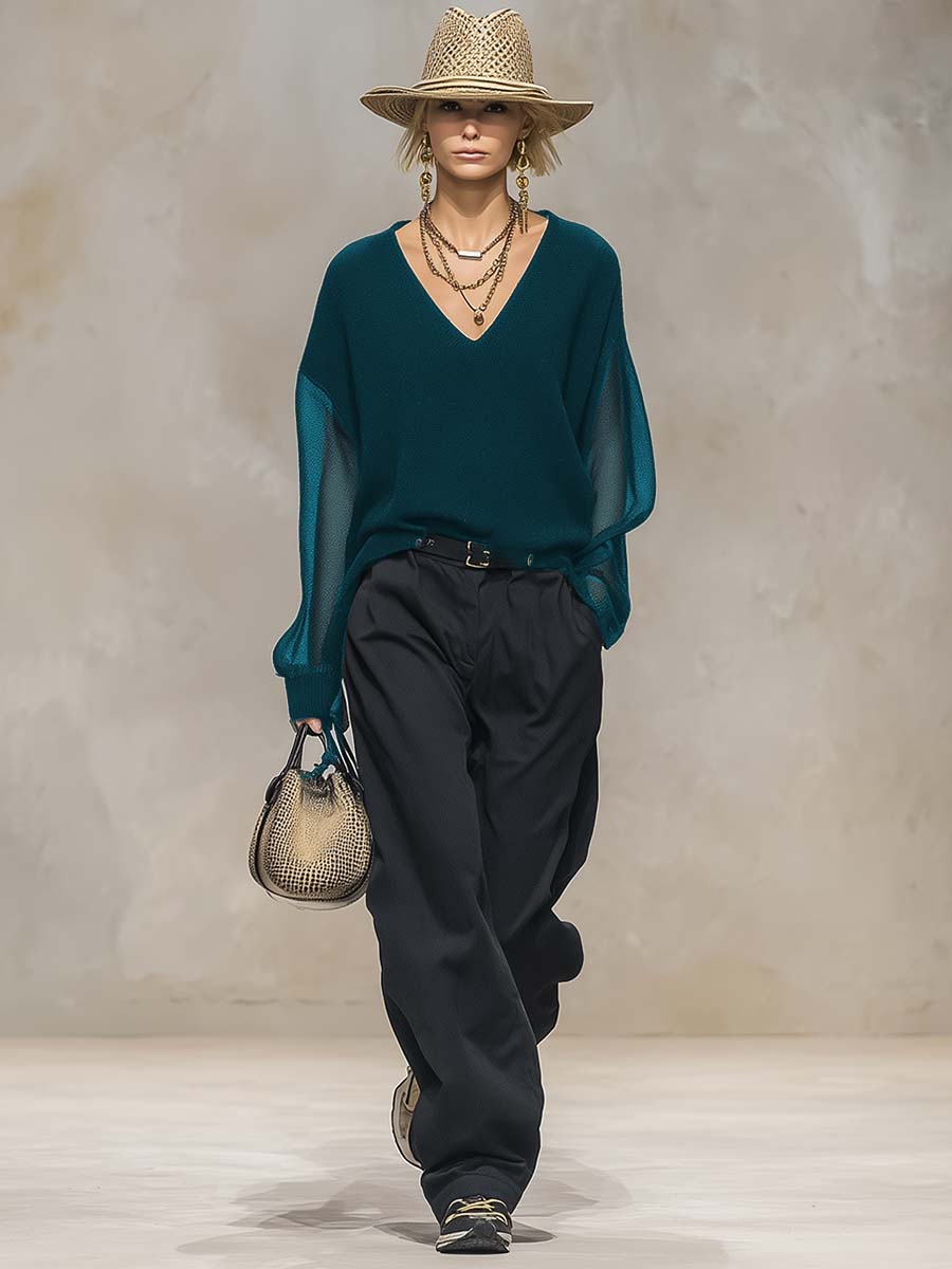 Breathable And Casual Comfortable V-neck Transparent Long-sleeved Black Knitted Blouse Top