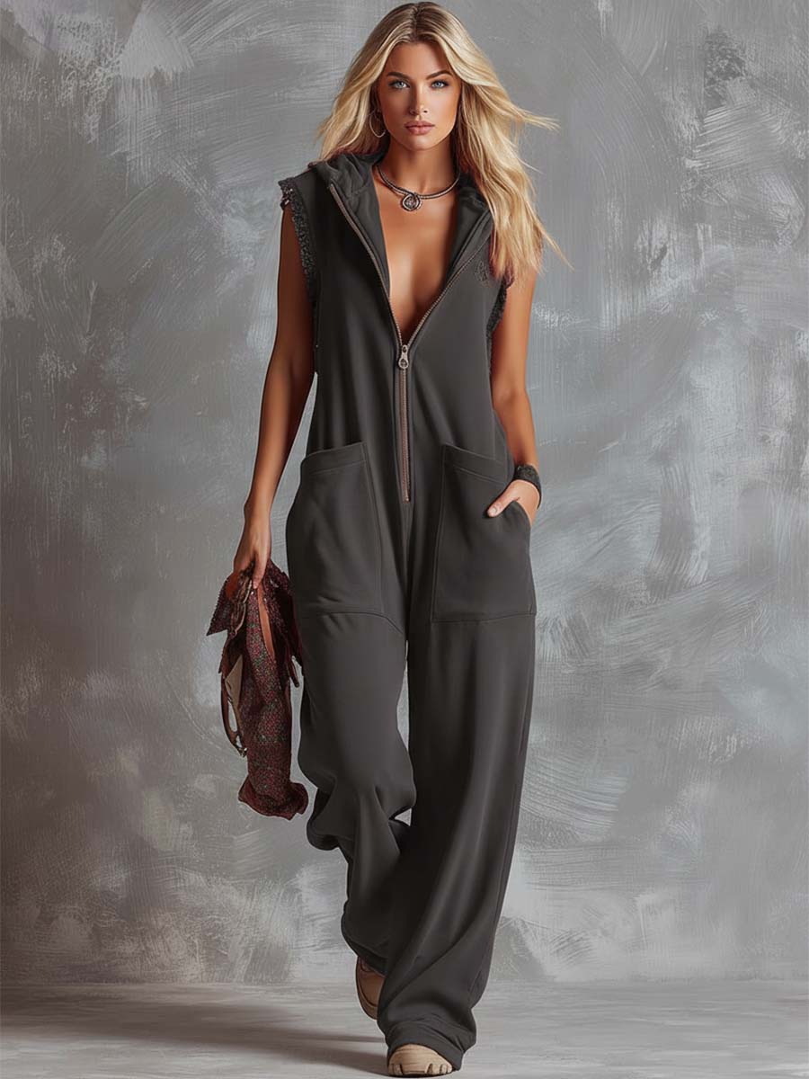 Retro Fashiona Sporty Hooded V-neck Front Zipper Cotton Jumpsuit