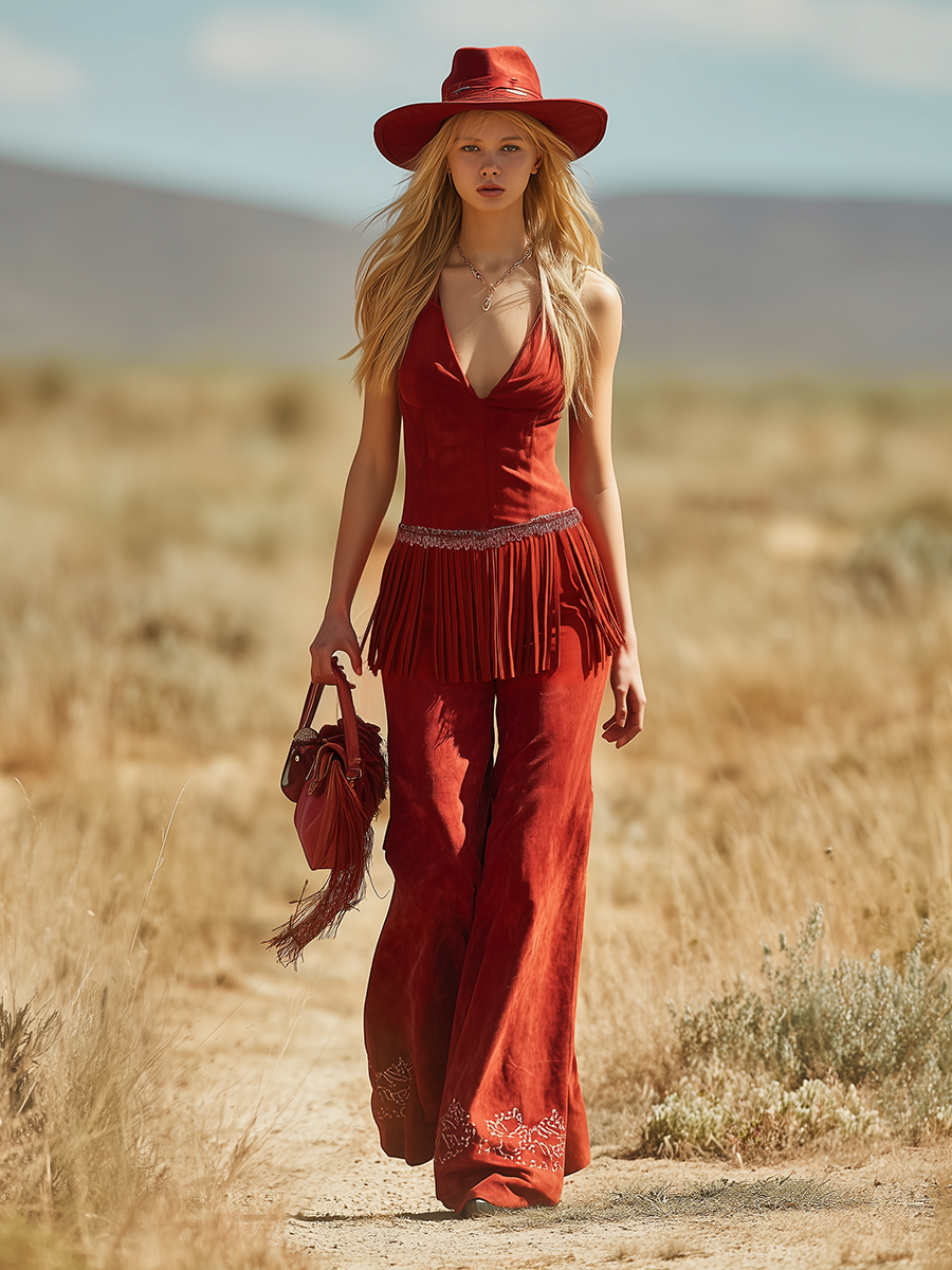 Modern And Stylish Sleeveless V-neck Fringed Top And Flared Embroidered Trousers Set