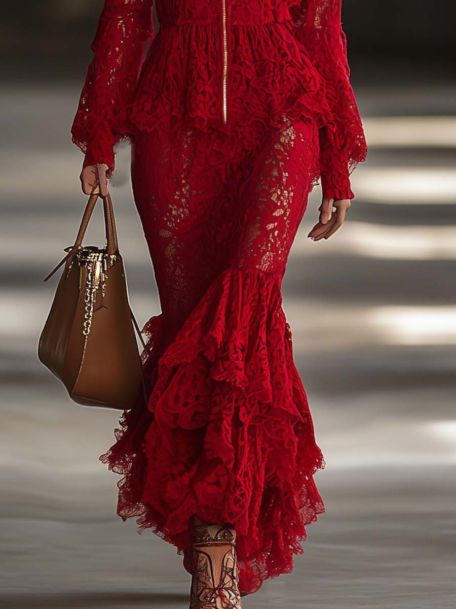 Fashion Western Long Sleeve Zipper V Neck Hem Ruffle Red Lace Maxi Dress