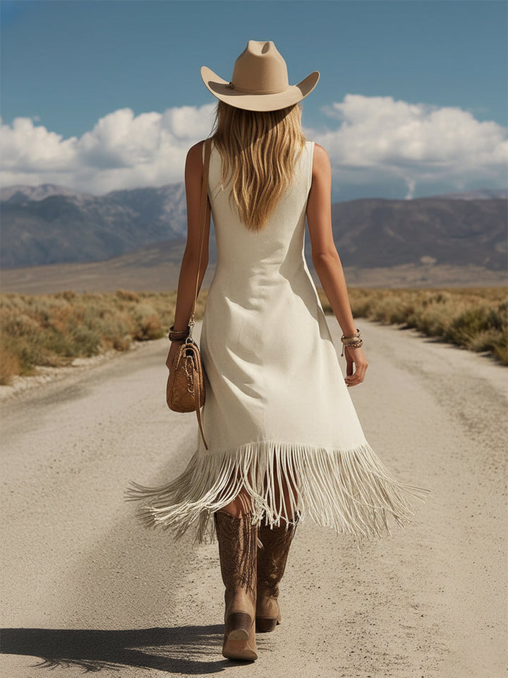 Trendy Western Camouflage Print Beige Faux Suede Tassel Sleeveless Midi Dress