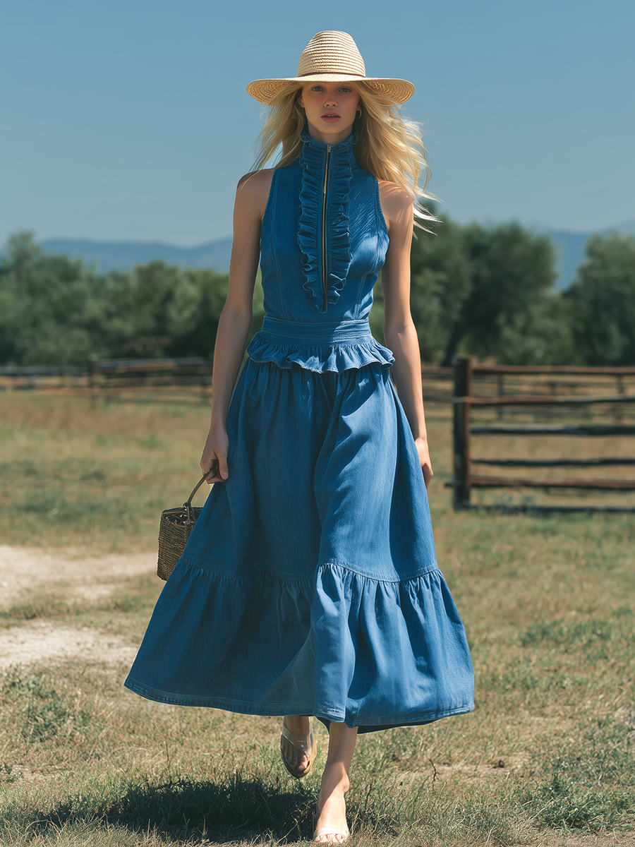Retro Elegant Sleeveless High-neck Ruffled A-line Denim Maxi Dress