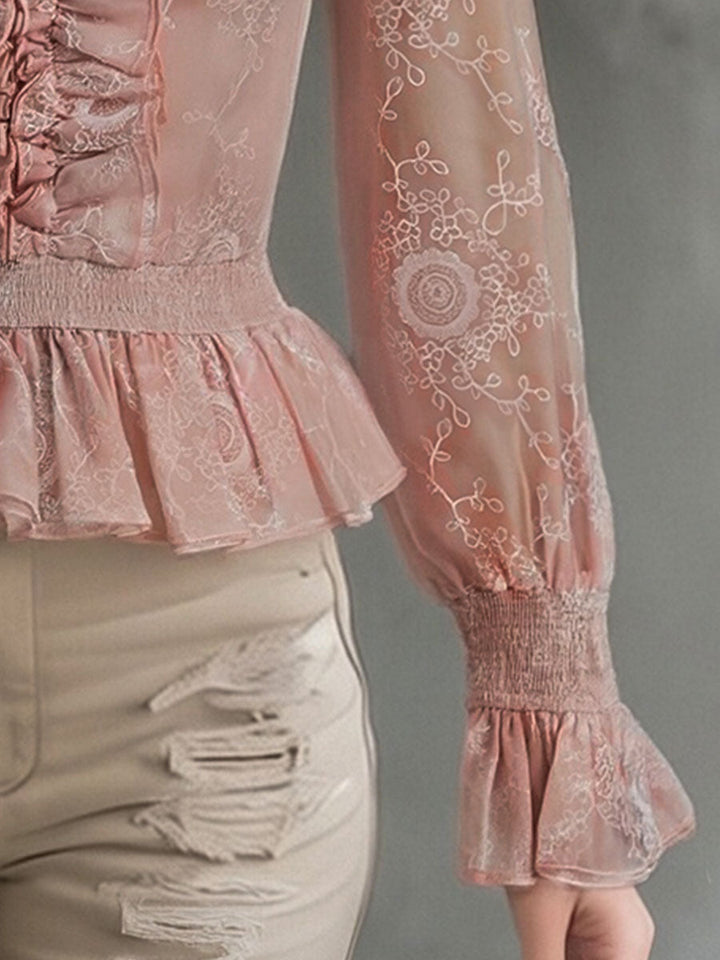 Elegant Pink Chiffon Lace Ruffled Shirt