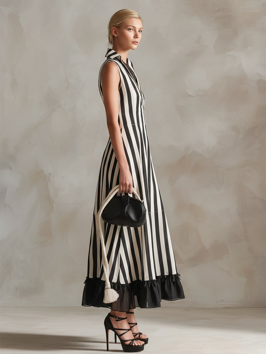 Elegant Chiffon Hem Classic Striped Sleeveless Maxi Dress