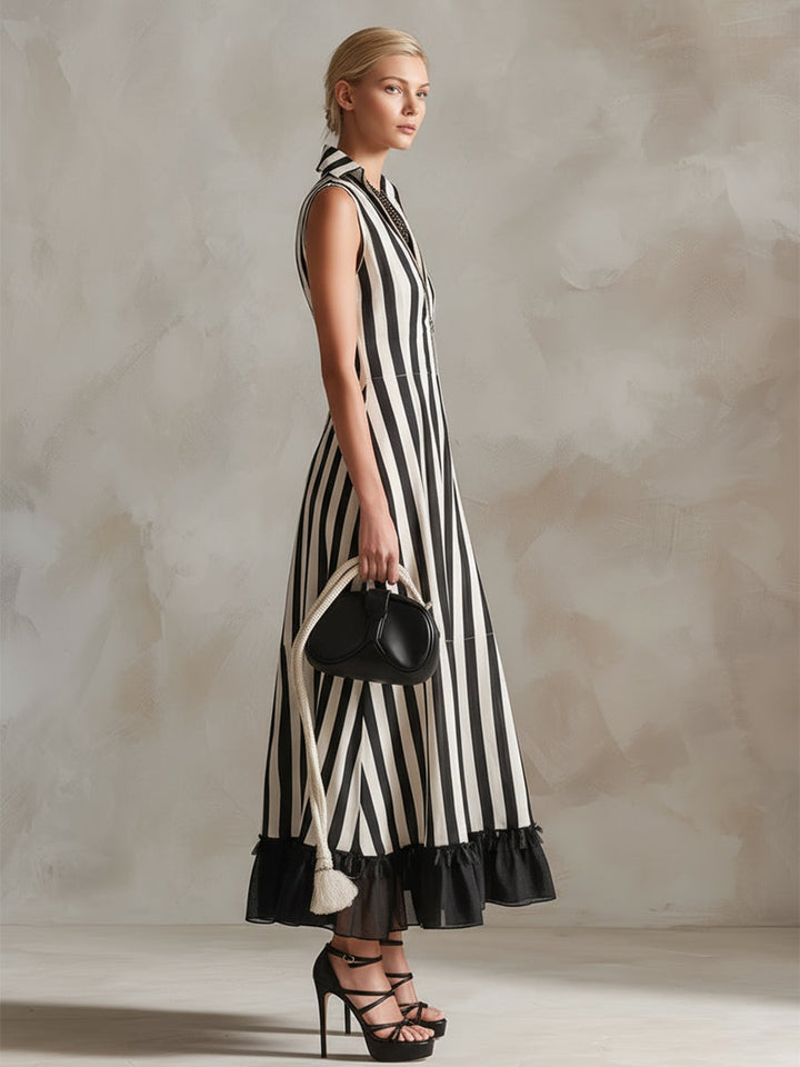 Elegant Chiffon Hem Classic Striped Sleeveless Maxi Dress