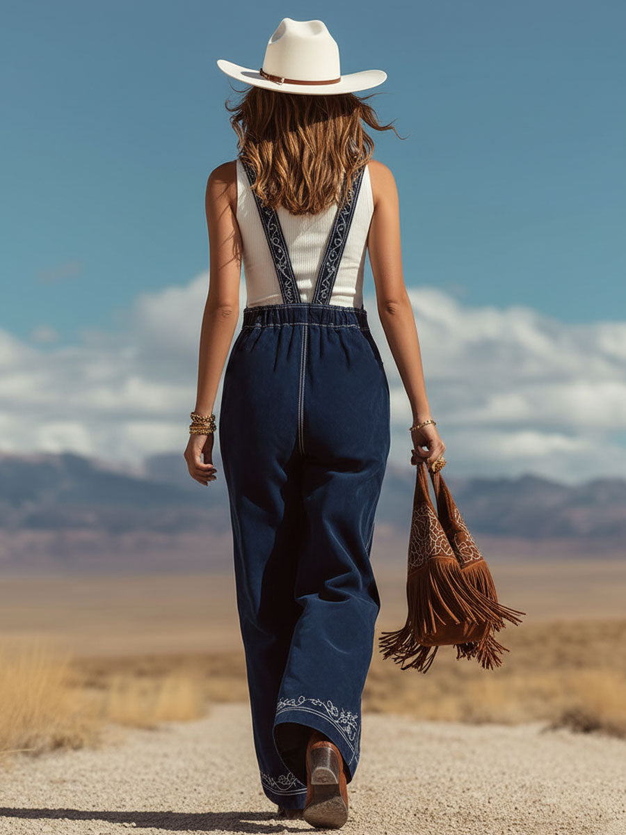 Western Retro Navy Blue Faux Suede Embroidered Overalls
