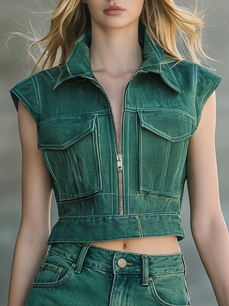 Retro-style Collared Sleeveless Top And Ruffled Mini Skirt Denim Set
