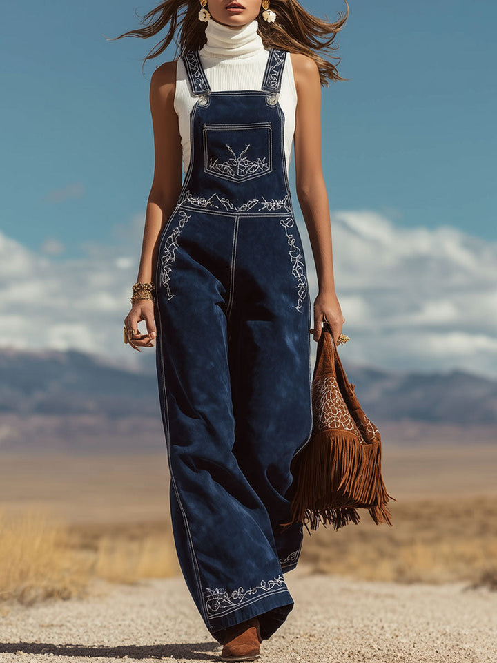 Western Retro Navy Blue Faux Suede Embroidered Overalls