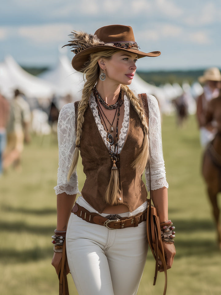 Romantic Western Style Lace Sleeves Brown Suede Shirt