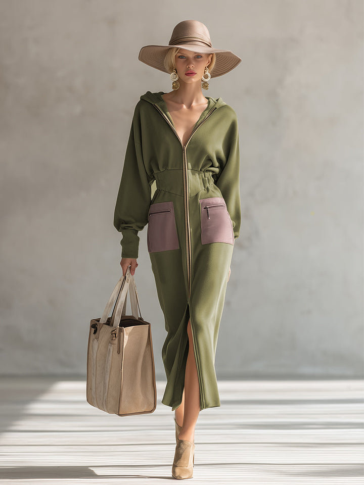Elegant Olive Green Hooded Narrow Waist Zip-up Sweatshirt Long Sleeve Maxi Dress