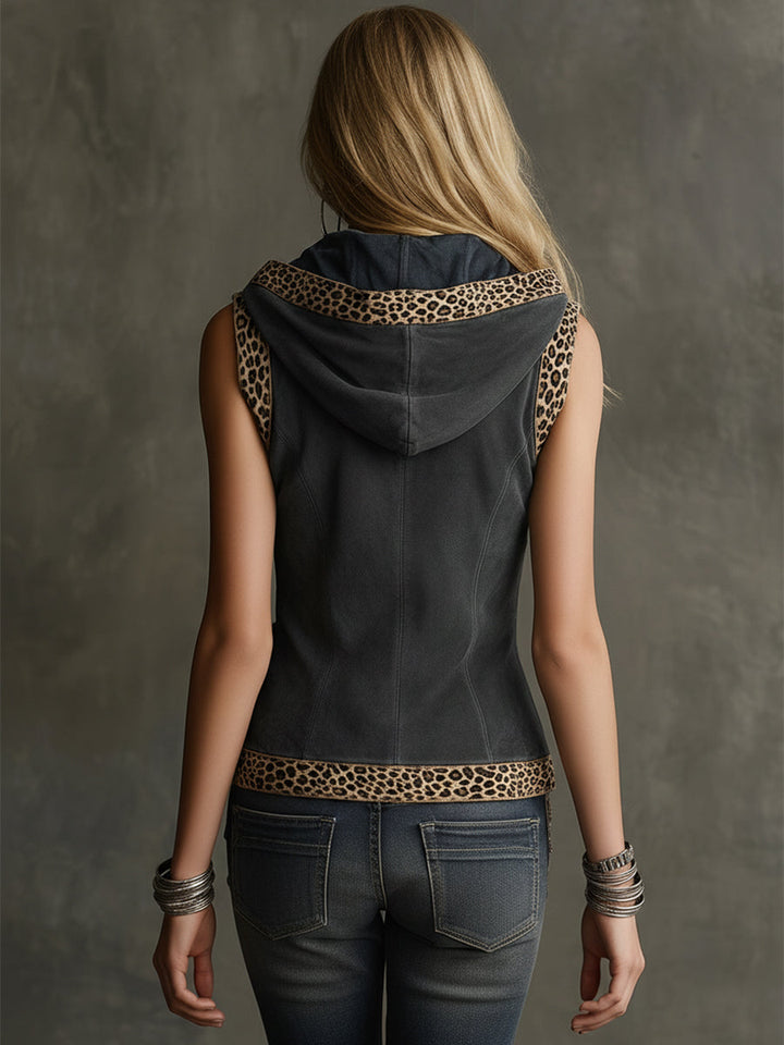 Retro Western Leopard Print Trim Gray Faux Suede Hooded Vest